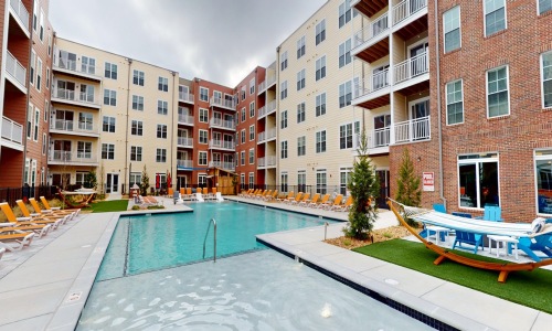 a courtyard with a swimming pool